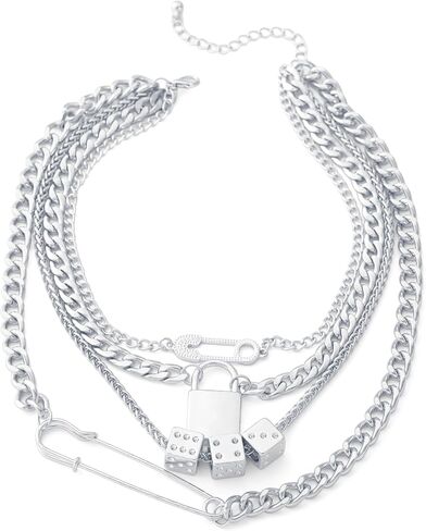 Hip Hop Cuban Link Chain Punk Necklace Silver layered Necklace Dice Paperclip Lock Pendant Chain Necklace With Statement Necklace for Women Men in Saudi Arabia