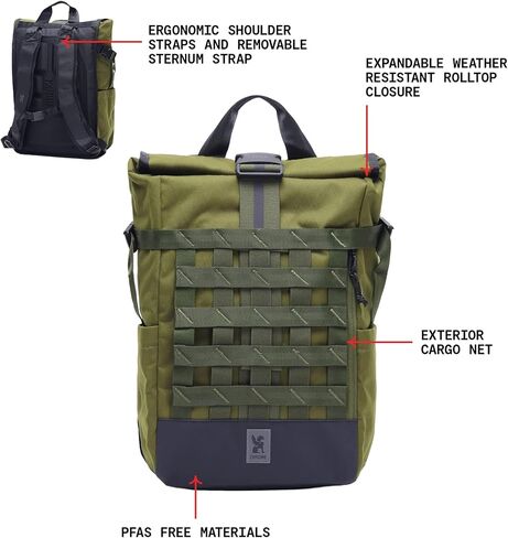 حقيبة ظهر Chrome Industries Barrage سعة 18 لترًا Moss X Roll-Top - حقيبة مقاومة للماء للعمل والسفر - تتميز بشبكة شحن وجيب للكمبيوتر المحمول in Saudi Arabia