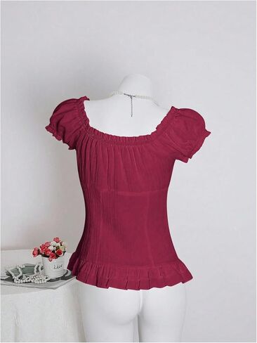 Floerns Women's Cute Puff Sleeve Blouse Top Ruched Bust Bow Tie Button Up Going Out Shirts in Saudi Arabia