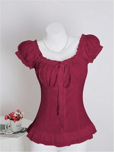 Floerns Women's Cute Puff Sleeve Blouse Top Ruched Bust Bow Tie Button Up Going Out Shirts in Saudi Arabia