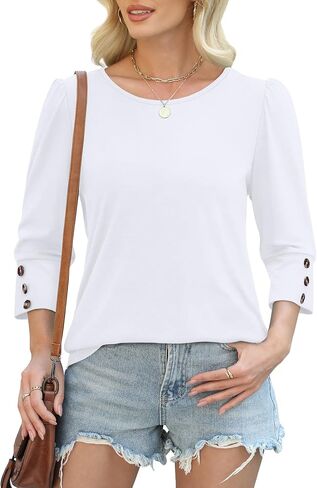 Womens Tops 3/4 Sleeve with Buttons Dressy Casual Blouses Summer Outfits Beach Vacation Plus Size Spring Clothes in Saudi Arabia