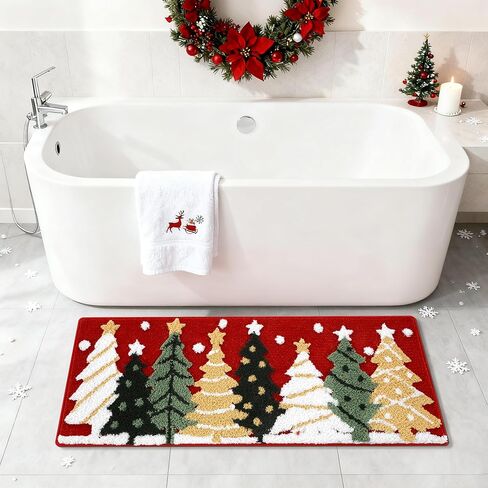 سجاد الحمام شجرة عيد الميلاد 16x24 بوصة، الشتاء لينة وماصة معنقدة عيد الميلاد ندفة الثلج حمام حصيرة غير زلة قابلة للغسل، عيد الميلاد ديكور الحمام البساط الأحمر عطلة الزينة in Kuwait