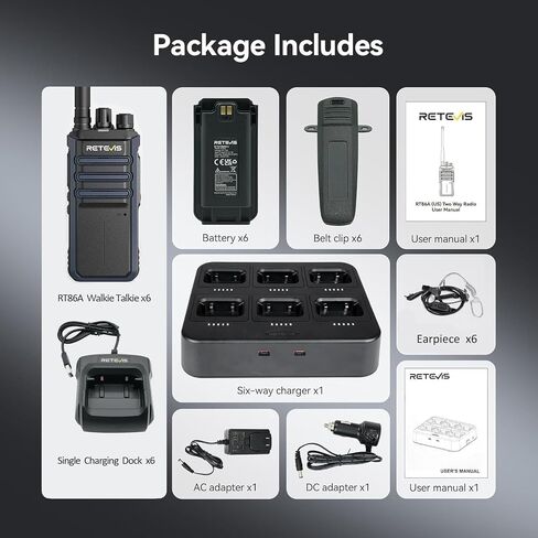 Retevis RT86S Heavy Duty 2-Way Radios (6-Pack) – Long Range Walkie Talkies with Group Call,NOAA, Emergency Alarm, 2600mAh Battery & 6-Port Charging Dock,Type-C Charging for Commercial, Industrial Use in Saudi Arabia