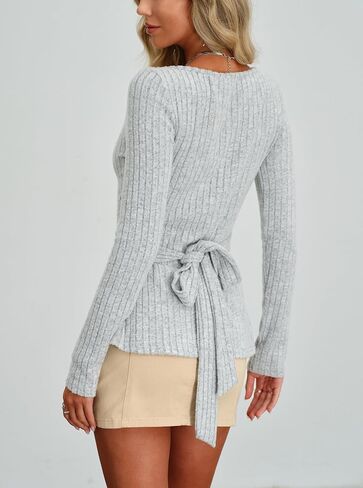 Womens Ribbed Knit Button Up T-Shirts Long Sleeve Tie Back Y2K Going Out Tops Blouses Dressy Casual in Kuwait