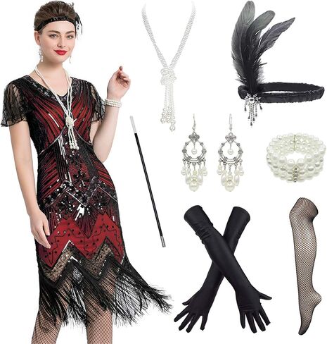 1920s Art Deco Fringed Sequin Dress 20s Flapper Gatsby Costume Dress W/ 20s Accessories Set in Kuwait