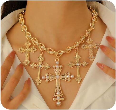 Exaggerated Chunky Cross Pendant Necklace for Women, Fashionable Thick Hip-Hop Cross Zircon Collarbone Choker,Personalized Birthday Anniversary Jewelry Gift in Saudi Arabia