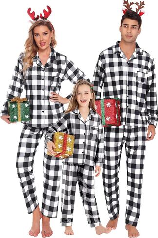 SWOMOG Christmas Pajamas for Women Men Long Sleeve Black Pull Over Top with Plaid Pajama Pants Pj Set Couples Pajama Set in Saudi Arabia