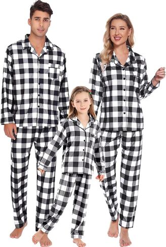 SWOMOG Christmas Pajamas for Women Men Long Sleeve Black Pull Over Top with Plaid Pajama Pants Pj Set Couples Pajama Set in Saudi Arabia