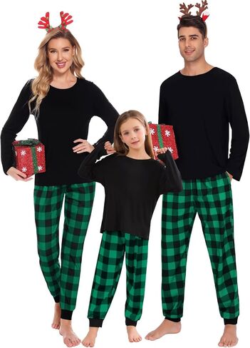 SWOMOG Christmas Pajamas for Women Men Long Sleeve Black Pull Over Top with Plaid Pajama Pants Pj Set Couples Pajama Set in Saudi Arabia