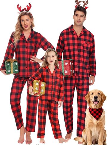 SWOMOG Christmas Pajamas for Women Men Long Sleeve Black Pull Over Top with Plaid Pajama Pants Pj Set Couples Pajama Set in Saudi Arabia