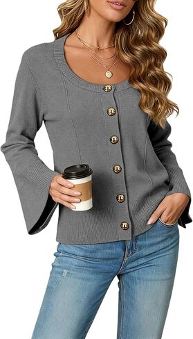 Women's Cardigan Sweater Round Neck Fitted Long Sleeve Lightweight Warm Knit Top in Kuwait
