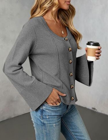 Women's Cardigan Sweater Round Neck Fitted Long Sleeve Lightweight Warm Knit Top in Kuwait