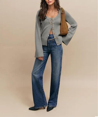 Women's Cardigan Sweater Round Neck Fitted Long Sleeve Lightweight Warm Knit Top in Kuwait