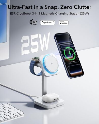 ESR لمحطة شحن 3-in-1 ، QI2.2 معتمدة من 25W Magsafe Charger Stand مع Cryoboost ، محطة شحن سريع للهاتف ، من أجل iPhone 17/16/15/14/13/12 ، AirPods ، Apple Watch ، Black in Saudi Arabia