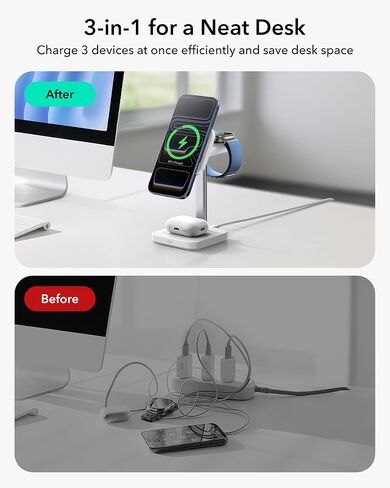 ESR لمحطة شحن 3-in-1 ، QI2.2 معتمدة من 25W Magsafe Charger Stand مع Cryoboost ، محطة شحن سريع للهاتف ، من أجل iPhone 17/16/15/14/13/12 ، AirPods ، Apple Watch ، Black in Saudi Arabia