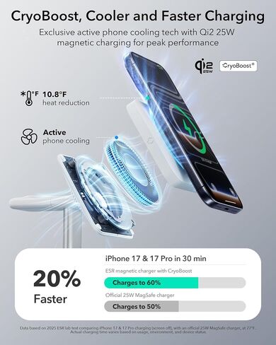ESR لمحطة شحن 3-in-1 ، QI2.2 معتمدة من 25W Magsafe Charger Stand مع Cryoboost ، محطة شحن سريع للهاتف ، من أجل iPhone 17/16/15/14/13/12 ، AirPods ، Apple Watch ، Black in Saudi Arabia