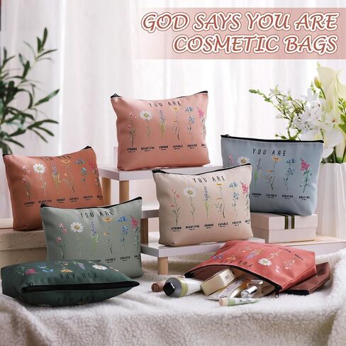 Frienda 24 Pcs God Says You Are Cosmetic Bags for Women Bible Verse Floral Makeup Case Inspirational Religious Bags Affirmations Christian Gifts for Back to School Birthday Holidays(Natural Color) in Saudi Arabia