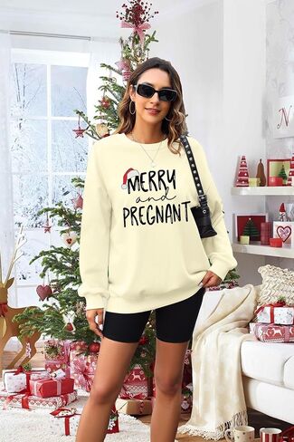 Merry and Pregnant Sweatershirt for Women Christmas Pregnancy Announcement Pullover Funny Letter Long Sleeve Shirt in Saudi Arabia