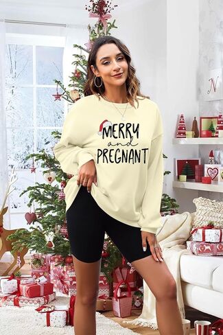 Merry and Pregnant Sweatershirt for Women Christmas Pregnancy Announcement Pullover Funny Letter Long Sleeve Shirt in Saudi Arabia
