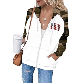 سترة بغطاء للرأس بسحاب للنساء من Ezbelle، سترة بغطاء للرأس برسوم العلم الأمريكي، كاجوال بأكمام طويلة، قميص الولايات المتحدة الأمريكية، كتلة الألوان مع جيوب in Kuwait