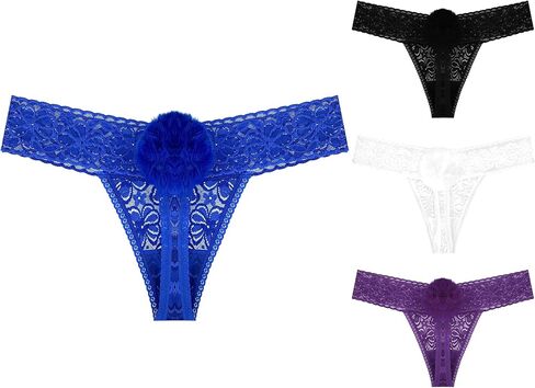 Lace Thong for Women Sexy Cute Bow Tie Panties Mid Waist Thongs White Black Violet Red Pack 4 Size XS-4XL in Saudi Arabia