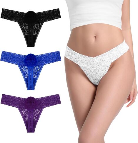 Lace Thong for Women Sexy Cute Bow Tie Panties Mid Waist Thongs White Black Violet Red Pack 4 Size XS-4XL in Saudi Arabia