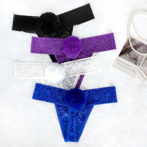 Lace Thong for Women Sexy Cute Bow Tie Panties Mid Waist Thongs White Black Violet Red Pack 4 Size XS-4XL in Saudi Arabia