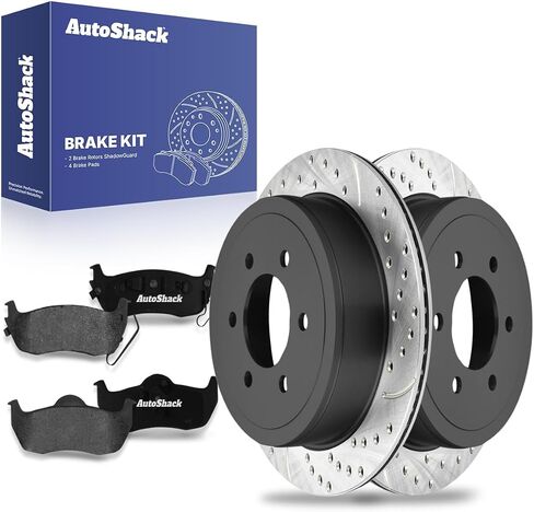 AutoShack Rear Drilled & Slotted Brake Rotors Ceramic Brake Pads | Replacement for 2004-2011 Ford F-150 2006-2008 Lincoln Mark LT | Silver Zinc Coated | 6-PC Brake Kit | SilverShield Pro in Saudi Arabia