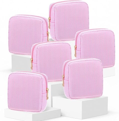 Sanwuta 6 Pcs Seersucker Cosmetic Bag Bulk Pinstripe Makeup Bag for Women Aesthetic Cute Travel Toiletry Organizer Preppy Storage Pouch for Wedding Bridesmaid Christmas Gift(Large,Macaron Color) in Saudi Arabia