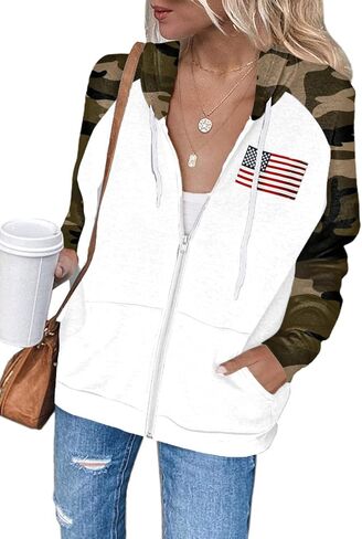 سترة بغطاء للرأس بسحاب للنساء من Ezbelle، سترة بغطاء للرأس برسوم العلم الأمريكي، كاجوال بأكمام طويلة، قميص الولايات المتحدة الأمريكية، كتلة الألوان مع جيوب in Kuwait