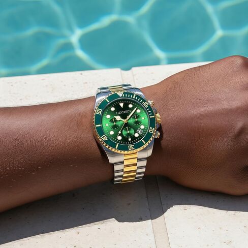 Watches For Men Quartz Stainless Steel: Dress Watch For Mens Wrist Luxury Gold And Silver Metal Two Tone Black Dial Big Analog Classic Diver Waterproof Chronograph Green Face Business Man Gift in Saudi Arabia