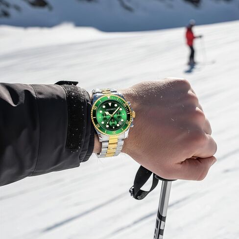 Watches For Men Quartz Stainless Steel: Dress Watch For Mens Wrist Luxury Gold And Silver Metal Two Tone Black Dial Big Analog Classic Diver Waterproof Chronograph Green Face Business Man Gift in Saudi Arabia