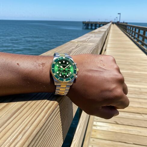 Watches For Men Quartz Stainless Steel: Dress Watch For Mens Wrist Luxury Gold And Silver Metal Two Tone Black Dial Big Analog Classic Diver Waterproof Chronograph Green Face Business Man Gift in Saudi Arabia