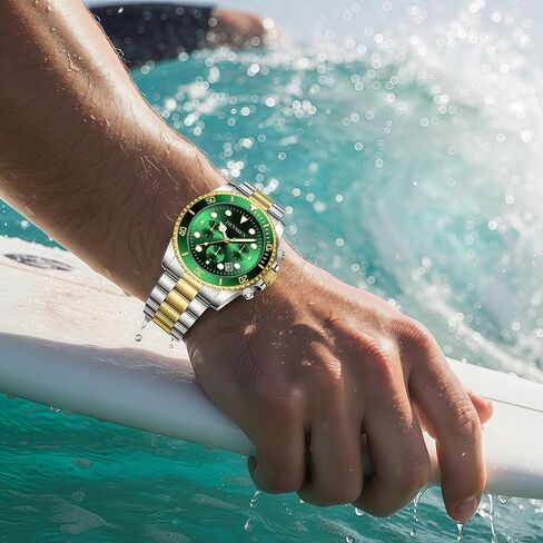 Watches For Men Quartz Stainless Steel: Dress Watch For Mens Wrist Luxury Gold And Silver Metal Two Tone Black Dial Big Analog Classic Diver Waterproof Chronograph Green Face Business Man Gift in Saudi Arabia