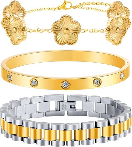 سوار البرسيم المطلي بالذهب 18 قيراط للنساء، مجموعة مجوهرات أساور ذهبية قابلة للتكديس، سوار من الفولاذ المقاوم للصدأ كريستال الحب الصداقة أساور الإسورة، سوار معصم سلسلة مع أداة ضبط. in Kuwait