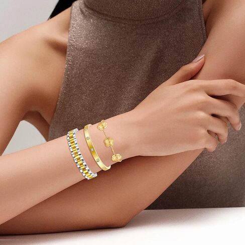 سوار البرسيم المطلي بالذهب 18 قيراط للنساء، مجموعة مجوهرات أساور ذهبية قابلة للتكديس، سوار من الفولاذ المقاوم للصدأ كريستال الحب الصداقة أساور الإسورة، سوار معصم سلسلة مع أداة ضبط. in Kuwait