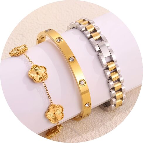 سوار البرسيم المطلي بالذهب 18 قيراط للنساء، مجموعة مجوهرات أساور ذهبية قابلة للتكديس، سوار من الفولاذ المقاوم للصدأ كريستال الحب الصداقة أساور الإسورة، سوار معصم سلسلة مع أداة ضبط. in Kuwait