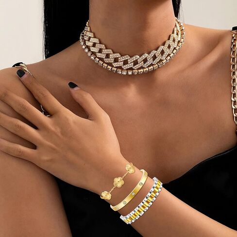 سوار البرسيم المطلي بالذهب 18 قيراط للنساء، مجموعة مجوهرات أساور ذهبية قابلة للتكديس، سوار من الفولاذ المقاوم للصدأ كريستال الحب الصداقة أساور الإسورة، سوار معصم سلسلة مع أداة ضبط. in Kuwait