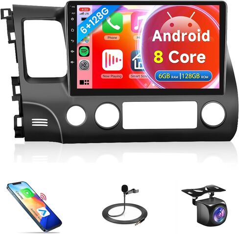 8core 8g+128g Car Radio for Honda Civic 2006-2011 ، Rimoody Android 15 Car Stereo Carplay و Android Auto 4G-Sim-Wifi GPS 10.1 '' Qled Capacitive Bluetooth 5.0 FM/AM/RDS DSP-36 كاميرا in Saudi Arabia