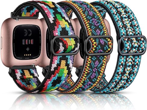 3 Pack Elastic Band Compatible with Fitbit Versa/Versa Lite SE/Fitbit Versa 2 Bands for Women Men, Adjustable Stretchy Nylon Solo Loop Strap Replacement Wristband for Versa Smart Watch in Saudi Arabia