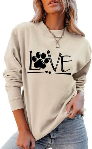 سويت شيرت نسائي برقبة دائرية مطبوع عليه Love Paw، بلوفر كاجوال بأكمام طويلة لمحبي الكلاب in Kuwait