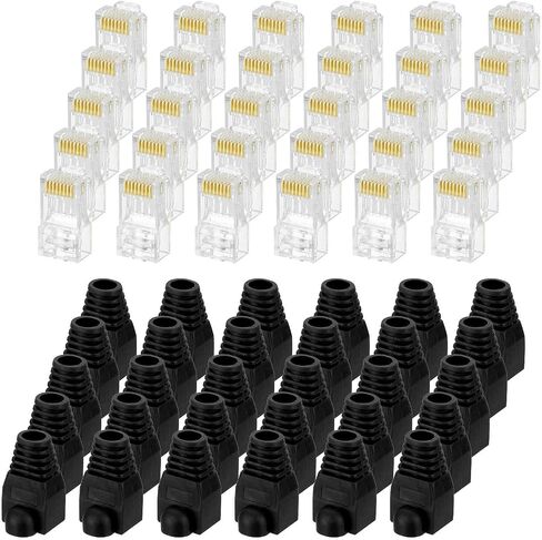 Meccanixity 30pcs Cat6 RJ45 تمر عبر الموصلات ، موصل RJ45 8P8C المقابس المطلية بالذهب مع أحذية تخفيف سلالة سوداء 30 بكسل لكابل Ethernet الصلب أو المتساقط ، 1.1 ملم in Kuwait