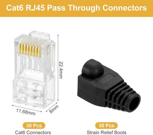 Meccanixity 30pcs Cat6 RJ45 تمر عبر الموصلات ، موصل RJ45 8P8C المقابس المطلية بالذهب مع أحذية تخفيف سلالة سوداء 30 بكسل لكابل Ethernet الصلب أو المتساقط ، 1.1 ملم in Kuwait