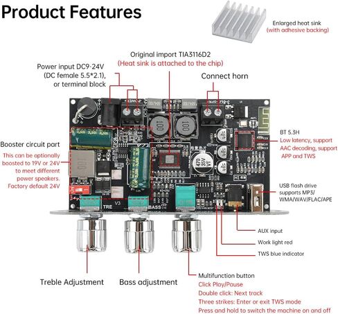 100W+100W 1001B Bluetooth Amplifier Board,Aideepen 100W Mini Mono AMP Module TPA3116 Amplifier BT 5.1 DC9-24V BT/AUX/USB Input for DIY Wireless Speakers in Kuwait