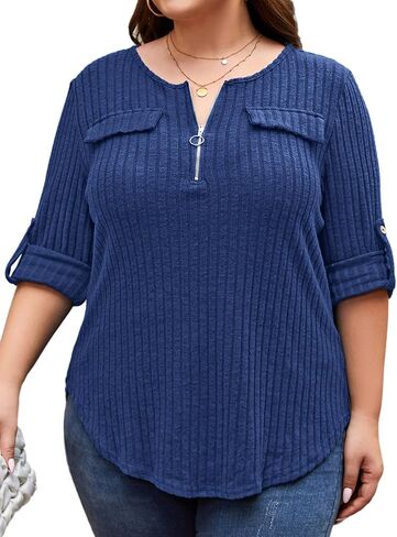 Plus Size Sweaters for Women Lightweight 3/4 Sleeve Quarter Zip V Neck Ribbed Business Casual Blouses Tops in Saudi Arabia
