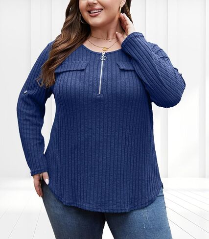 Plus Size Sweaters for Women Lightweight 3/4 Sleeve Quarter Zip V Neck Ribbed Business Casual Blouses Tops in Saudi Arabia