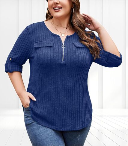 Plus Size Sweaters for Women Lightweight 3/4 Sleeve Quarter Zip V Neck Ribbed Business Casual Blouses Tops in Saudi Arabia