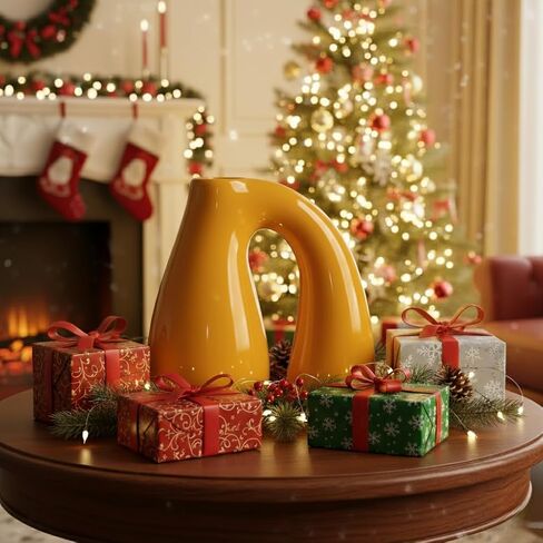 Yellow Ceramic Vase – Glossy Modern Sculptural Décor, Arch Handle Artistic Design, Bright Accent for Living Room, Shelf, or Table (7.5 in, Holds Water) in Saudi Arabia