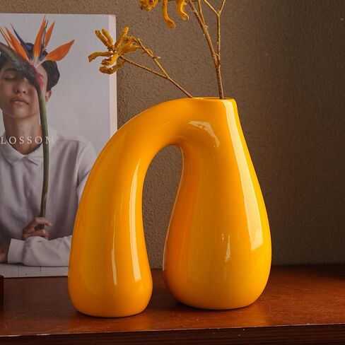 Yellow Ceramic Vase – Glossy Modern Sculptural Décor, Arch Handle Artistic Design, Bright Accent for Living Room, Shelf, or Table (7.5 in, Holds Water) in Saudi Arabia