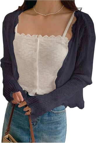 GORGLITTER Women's Button Up Lightweight Cardigan Sheer Lace Trim Long Sleeve Open Front Fall Knit Tops in Saudi Arabia